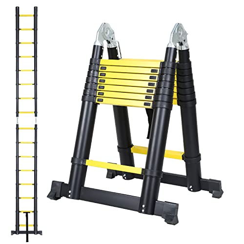 Cecaylie 5M Teleskopleiter Alu-Teleskopleiter Ausziehleiter 2,5M+2,5M Stehleiter Klappleiter Teleskop Ausziehleiter Multifunktionsleiter max 150 kg Belastbarkeit, Schwarz von Cecaylie