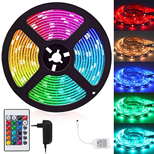 Cecaylie 5m RGB LED Streifen, 5050 Leds LED Strip Selbstklebend, Dimmbar Led Lichter 12V, mit 24-Tasten Fernbedienung und Netzteil, mit 15 Farben und 4 Modi, für Küche, Schlafzimmer, Party von Cecaylie