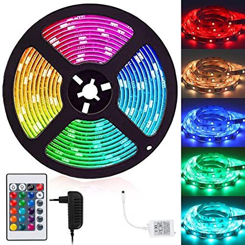 Cecaylie 5m RGB LED Streifen, 5050 Leds LED Strip Selbstklebend, Dimmbar Led Lichter 12V, mit 24-Tasten Fernbedienung und Netzteil, mit 15 Farben und 4 Modi, für Küche, Schlafzimmer, Party Cecaylie 5m RGB LED Streifen, 5050 Leds LED Strip Selbstklebend, Dimmbar Led Lichter 12V, mit 24-Tasten Fernbedienung und Netzteil, mit 15 Farben und 4 Modi, für Küche, Schlafzimmer, Party von Cecaylie