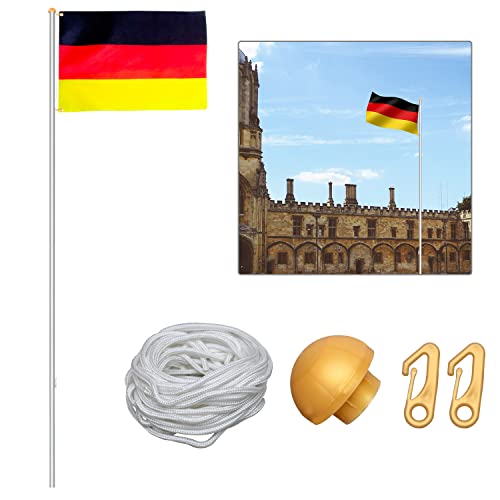 Cecaylie Aluminium Fahnenmast 6,5 m, 5 Verschiedene Höhenverstellbar, Witterungsbeständigem Flaggenmast, Hochwertiges Rostfreies Fahnenstange inkl.150 x 80 cm Deutschlandfahne, Seilzug, Bodenhülse von Cecaylie