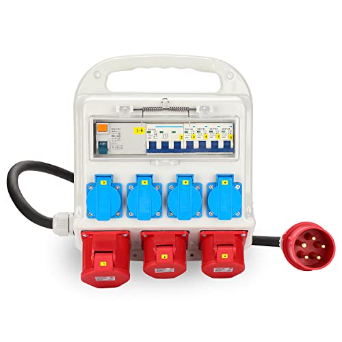 Cecaylie Baustromverteiler 2xCEE 400V/16A 5-polig, 1xCEE 400V/32A 5-polig, 4x230V(Schuko) 2-polig, Wandverteiler Für Baustelle, IP44 wasserdicht, mit FI-Schutzschalter von Cecaylie