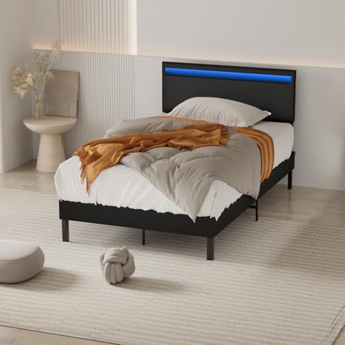 Cecaylie Bettgestell 120X200 cm mit LED-Beleuchtung, Lattenrost aus massivem Holz, Kopfteil und Umrandung aus hochwertigem Leder, hochwertiges Einzelbett ohne Matratze, schwarz Cecaylie Bettgestell 120X200 cm mit LED-Beleuchtung, Lattenrost aus massivem Holz, Kopfteil und Umrandung aus hochwertigem Leder, hochwertiges Einzelbett ohne Matratze, schwarz von Cecaylie