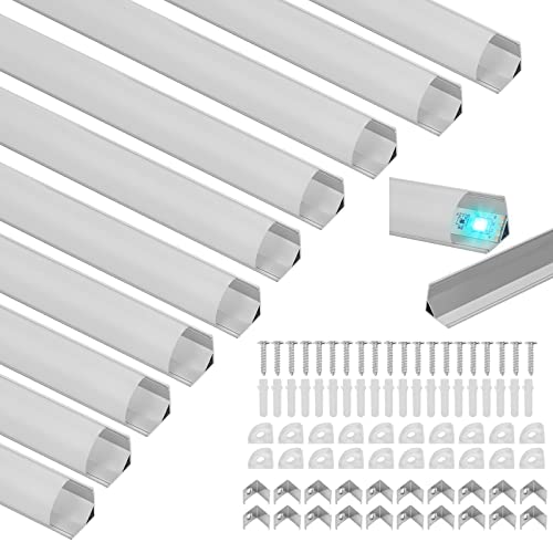 Cecaylie LED Aluminium Profil Set - 10x 1m V-Form LED-Kanäle für 11mm LED-Band inkl. Milchig-weißer Abdeckung, Endkappen, Montageclips & Eckverbindern von Cecaylie