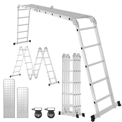 Cecaylie Mehrzweckleiter 4x5 Stufen, 5,82M Alu Multifunktionsleiter mit Plattform und Rollen, 7 in 1 Vielzweckleiter Klappleiter 20 Sprossen bis 150 kg von Cecaylie