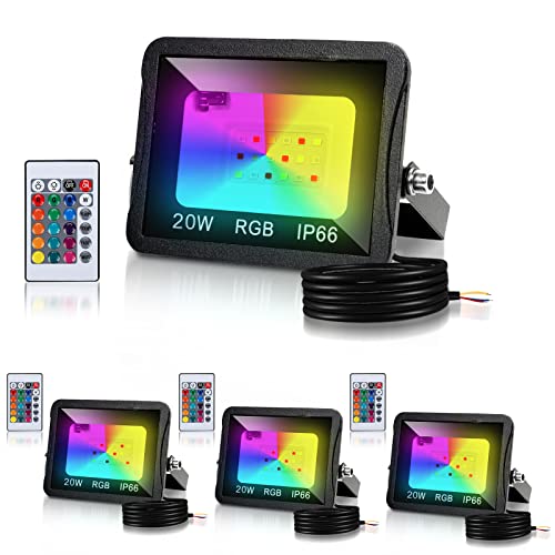 Cecaylie RGB LED Strahler Außen 4er 20W mit Fernbedienung, RGB Fluter LED Dimmbar Gartenstrahler, 16 Farben 4 Modi IP66 Wasserdicht, Memoryfunktion für Party Außen von Cecaylie