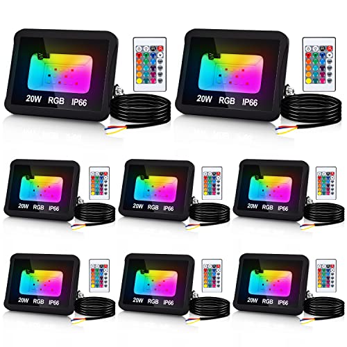 Cecaylie RGB LED Strahler Außen 8er 20W mit Fernbedienung, RGB Fluter LED Dimmbar Gartenstrahler, 16 Farben 4 Modi IP66 Wasserdicht, Memoryfunktion für Party Außen von Cecaylie