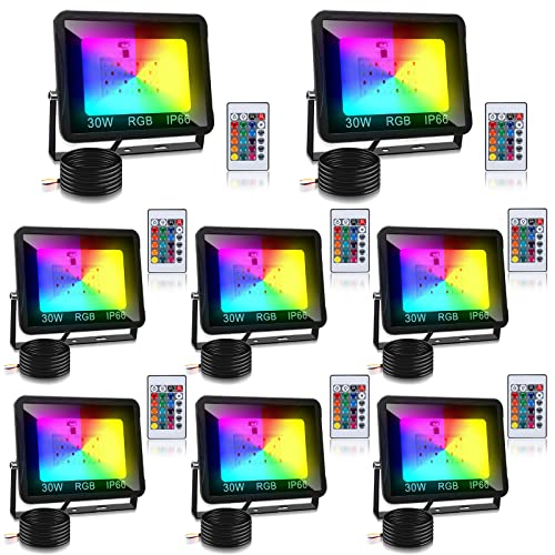 Cecaylie RGB LED Strahler Außen 8er 30W mit Fernbedienung, RGB Fluter LED Dimmbar Gartenstrahler, 16 Farben 4 Modi IP66 Wasserdicht, Memoryfunktion für Party Außen von Cecaylie