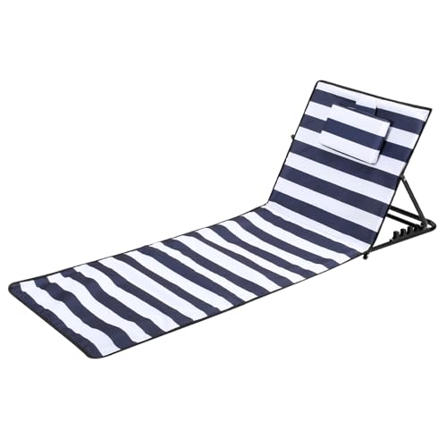 Cecaylie Strandliege Klappbar Leicht, 158cm Strandmatte mit rückenlehne, Beachmatte Faltbare mit Einstellbar 5-stufige Höhe, für im Freien, Strand, Camping,Terrasse, blau-weiß gestreift von Cecaylie