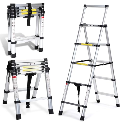 Cecaylie Teleskopleiter Klappleiter, 1.4M+1.7M Aluminiumleiter Ausziehbare Leiter A-Rahmen 4+5 Sprossen, Rutschfester Aluleiter Mehrzweckleiter, Maximale Tragfähigkeit 150kg von Cecaylie