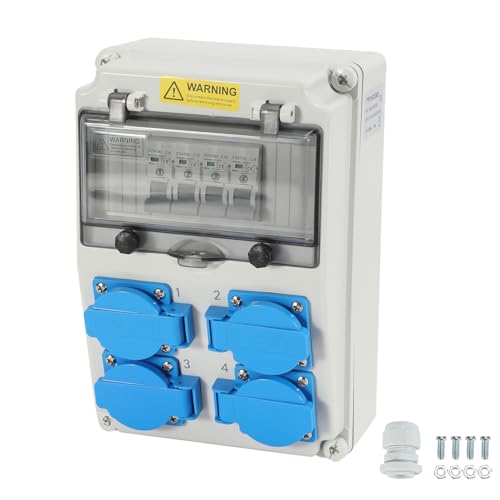 Cecaylie Wandverteiler, Baustromverteiler mit 4xSchuko-Steckdose16A 250V, 4xCEE Steckdosen 16A 1P, mit Leitungsschutzschalter und Wasserdichte Verbindung, Für Baustelle von Cecaylie