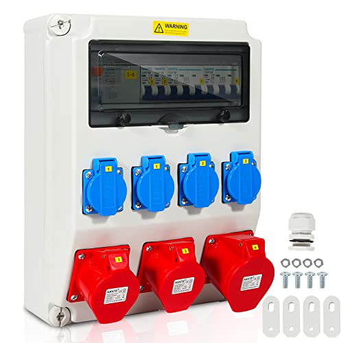 Cecaylie Wandverteiler 1x32A 2x16A 4x230V MIT LS+FI, Stromverteiler mit Leitungsschutzschalter, Baustromverteiler mit Schuko Steckdose, 5 polig Baustromkasten, Kraftstromverteiler für Innen und Außen von Cecaylie
