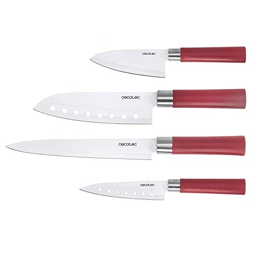 Cecotec 4er-Set Profi-Messer im japanischen Stil für den Heimgebrauch. Keramikbeschichtung Santoku Keramische Messer-Set. Rot von Cecotec