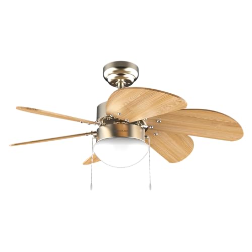 Cecotec Deckenventilator mit Licht EnergySilence Aero 360 Gold&Holz 50W, Durchmesser 36" (92cm), 3 Geschwindigkeiten, 6 umschaltbare Flügel, Winter-Sommer-Modus, Einzelgebrauch, Kettenschalter von Cecotec