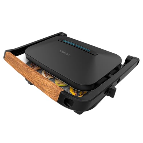 Cecotec Elektrischer Grill Rock'Ngrill 1300 Wood B. Leistung von 1300W, schwarzes Design, Rockstone-Beschichtung, rutschfeste Basis, schwebende Platte, Leuchtanzeige, Holzgriff, Vielseitigkeit. von Cecotec