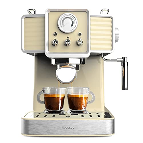 Cecotec Espressomaschine Power Espresso 20 Tradizionale Light Yellow, 1350 W, Espresso und Cappuccino, 20 Bar und Thermoblock, Dampfauslass, Manometer, Vintage-Design, Fassungsvermögen 1,5 Liter von Cecotec