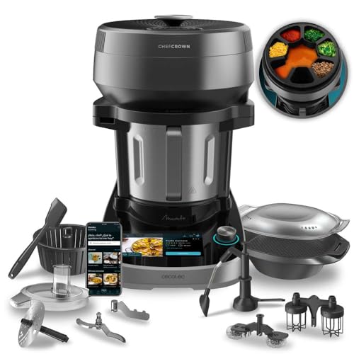 Cecotec Küchenroboter mit Lebensmittelspender Mambo CooKing Unique. 2200 W, 45 Funktionen, Tausende von geführten Rezepten, 5L Unique Krug, Zubehör: Dampfgarer oder Schöpflöffel für Eintöpfe von Cecotec