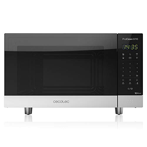 Cecotec Mikrowelle Pro Clean 6110. 800 W, Grill 1000 W, 23 L, Ready 2 Clean Beschichtung 3D Wave Frontspiegel 8 Programme, 100 Min Timer, LED, Edelstahl In Schwarz Silber von Cecotec