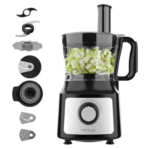 Cecotec Multifunktions-Küchenmaschine Comino 1000, 1000 W, 2 Geschwindigkeitsstufen und Pulsfunktion, 2 l Schüssel, 3 Schneidscheiben, Klinge zum Hacken, Knetmesser, Zitruspresse und Scheibe für von Cecotec