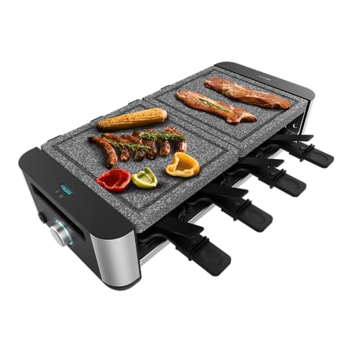 Cecotec Raclette Cheese&Grill 16000 Inox AllStone, 8 Personen, 1400 W Grill, einstellbares Thermostat, gemischte Grill- und Grillfläche 40 x 22 cm, Natursteinplatte, inklusive 8 Pfannen und 8 Spatel. von Cecotec