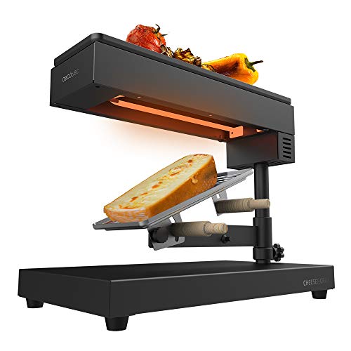 Cecotec Raclette Cheese&Grill 6000 Schwarz. Leistung 600W, Grillfunktion, Edelstahl-Finish, verstellbares Thermostat, 2 Holzspatel, antihaftbeschichteter oberer Grillrost von Cecotec