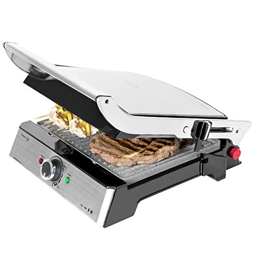 Cecotec Elektrogrill Rock'n Grill Pro - Grillplatte mit Rockstone-Beschichtung, Herausnehmbare und umkehrbare Platten, 180° Öffnung, Große Oberfläche 34 x 23 cm, 2000 W, Edelstahl von Cecotec