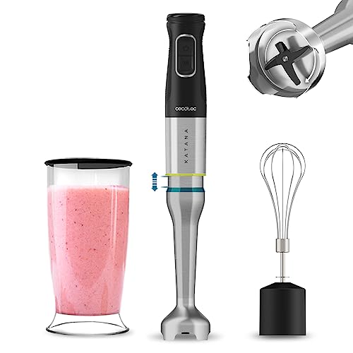 Cecotec Stabmixer Katana TotalDestroy 1200XL Cream. 1200 W, 21 Geschwindigkeiten und Turbo, 4 Klingen mit schwarzem Titan, Spritzschutzhaube, extra langer Fuß, 800-ml-Glas. von Cecotec