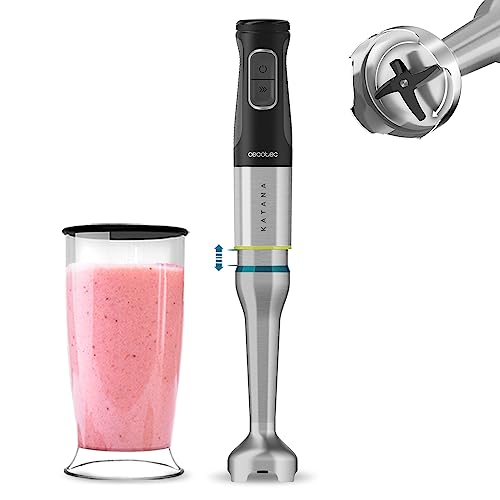 Cecotec Stabmixer Katana TotalDestroy 1200XL DK. 1200 W maximale Leistung, 21 Geschwindigkeiten und Turbo, 4 Titanbecher, Spritzschutzhaube, extra langer Fuß, 800 ml Messbecher. von Cecotec