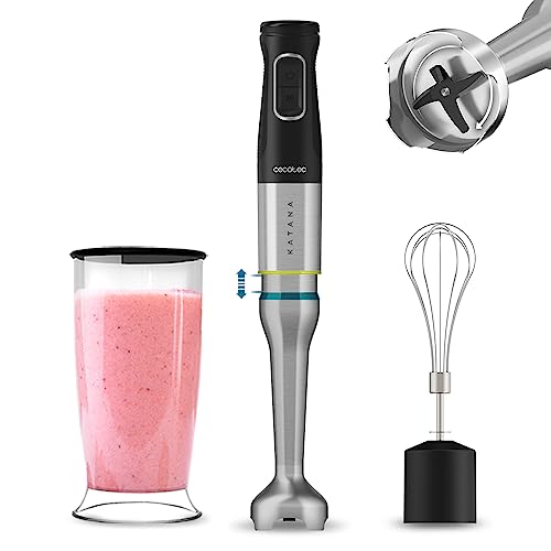 Cecotec Stabmixer Katana TotalDestroy 1500XL Cream BL. 1500 W, 21 Geschwindigkeiten und Turbo, 4 Klingen mit schwarzem Titan, Spritzschutzhaube, extra langer Fuß, klare Schlagstäbe, 800-ml-Glas. von Cecotec