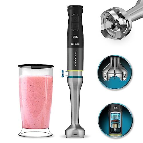 Cecotec Stabmixer Katana TotalDestroy 1500XL DoubleKatana DK. 1500 W, 21 Geschwindigkeiten und Turbo, Doppelklingensystem, 4 Klingen mit schwarzem Titan, Spritzschutzhaube, 800 ml Glas. von Cecotec