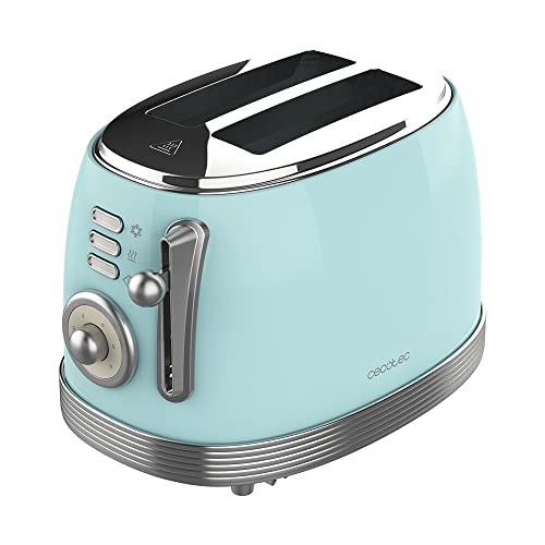 Cecotec Toaster Toast&Taste 800 Vintage Light Blue, 850 W, Doppelte Extra breite Kurzschlitze von 3,8 cm, 2 Toastscheiben, Edelstahl-Finish, Vintage-Stil, 3 Funktionen, Blau von Cecotec