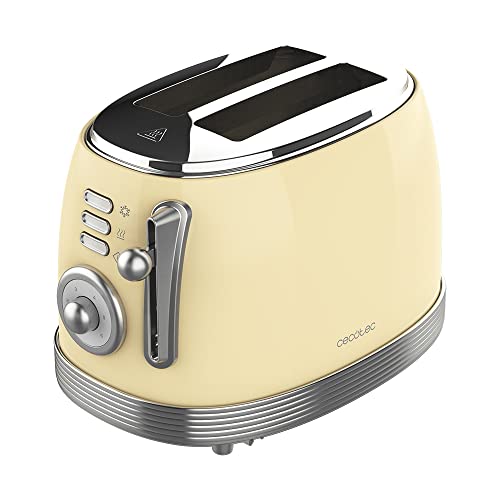 Cecotec Toaster Toast&Taste 800 Vintage Light Yellow, 850 W, Doppelte Extra breite Kurzschlitze von 3,8 cm, 2 Toastscheiben, Edelstahl-Finish, Vintage-Stil, 3 Funktionen, Gelb von Cecotec