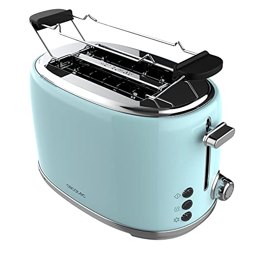 Cecotec Toaster 2 Scheiben Toast&Taste 1000 Retro Double Blue, 980 W, 2 Breite und Kurze Schlitze von 3,8 cm, Edelstahl, Obere Roste, Regulierbare Leistung, Krümelschublade von Cecotec