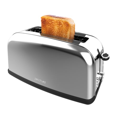 Cecotec Vertikaler Toaster 1 Langschlitz Toastin' time 850 Inox Long Lite, 850 W, 2 Scheiben Brot, 3,8 cm breiter Schlitz, Brötchenaufsatz und Krümelschublade, Edelstahl von Cecotec