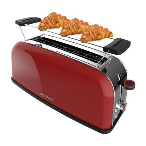 Cecotec Vertikaler Toaster 1 Langer Schlitz Toastin' time 850 Red Long, 850 W, 2 Scheiben Brot, 3,8 cm breiter Schlitz, Brötchenaufsatz und Krümelschublade, Edelstahl, Rot von Cecotec