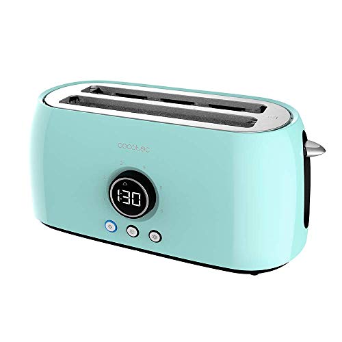 Cecotec Digitaler Toaster ClassicToast 15000 Blue Extra Double, 1500 W, 2 extra breite Langschlitze für 4 Scheiben Brot, Digitales Display, 3 Funktionen, Oberseitige Halterungen, Türkis von Cecotec