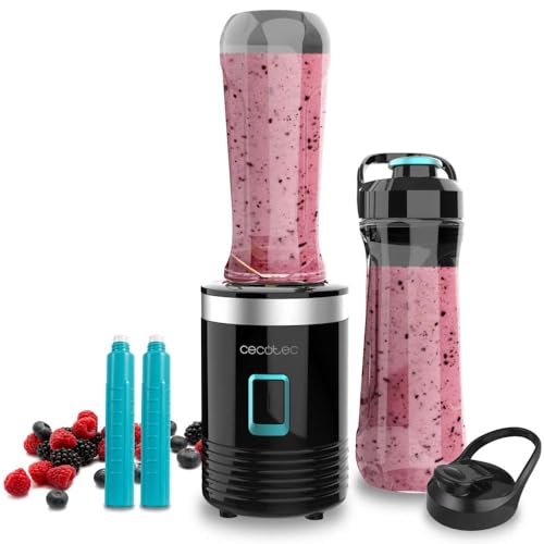 Cecotec Tragbarer Einzelstandmixer Power Titanium 300 EasyGo. 350W, zerkleinert Eis, 4 Klingen mit schwarzer Titanbeschichtung, inklusive 2 Kühlröhren, 2 tragbaren Bechern und 2 Deckeln von Cecotec