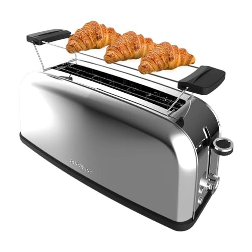 Cecotec Vertikaler Toaster Toastin' time 850 Inox Long, 850W, Doppelter langer und breiter Schlitz von 3,8 cm, Obere Stäbe, Edelstahl, Automatische Abschaltung und Pop-up-Funktion, Krümelablage von Cecotec