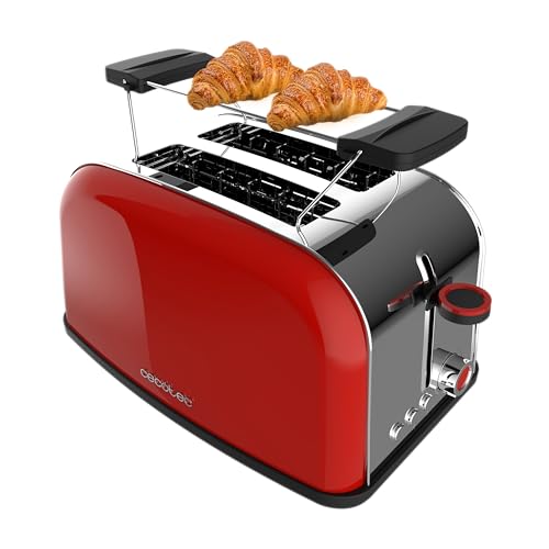 Cecotec Vertikaler Toaster Toastin' time 850 Red, 850W, Doppelter Kurzschlitz und breiter Schlitz von 3,8 cm, Obere Stäbe, Edelstahl, Automatische Abschaltung und Pop-up-Funktion, Krümelablage von Cecotec