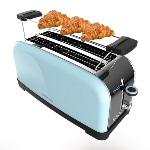 Cecotec Vertikaler Toaster mit 2 langen Schlitzen Toastin' Time 1500 Blau. 1500 W, 4 Brotscheiben, 3,8 cm breiter Schlitz, Brötchenaufsatz und Krümelschublade, Edelstahl und Blau von Cecotec