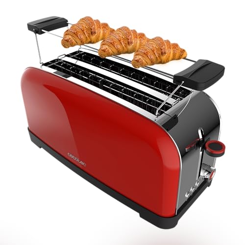 Cecotec Vertikaler Toaster mit 2 langen Schlitzen Toastin' Time 1500 Rot. 1500 W, 4 Brotscheiben, 3,8 cm breiter Schlitz, Brötchenaufsatz und Krümelschublade, Edelstahl und Rot von Cecotec