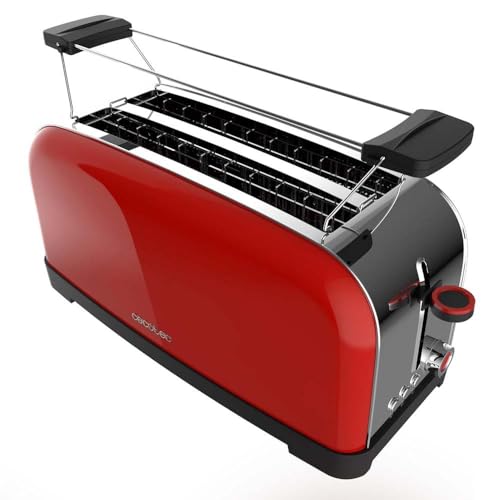 Cecotec Vertikaler Toaster mit 2 langen Schlitzen Toastin' Time 1500 Rot. 1500 W, 4 Brotscheiben, 3,8 cm breiter Schlitz, Brötchenaufsatz und Krümelschublade, Edelstahl und Rot von Cecotec