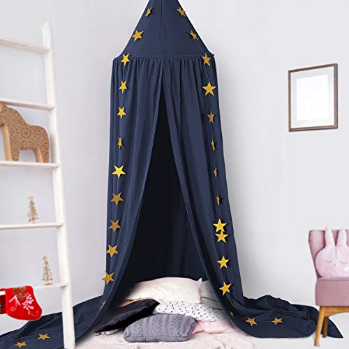 CeeKii Baby Baldachin, Betthimmel Kinder, Babys Bett Kinderzimmer Bettvorhang Baumwolle Deko Moskitonetz für Prinzessin Spielzelte Babybett & Schlafzimmer Dekoration mit Sternengirlande(Navy blau) von CeeKii