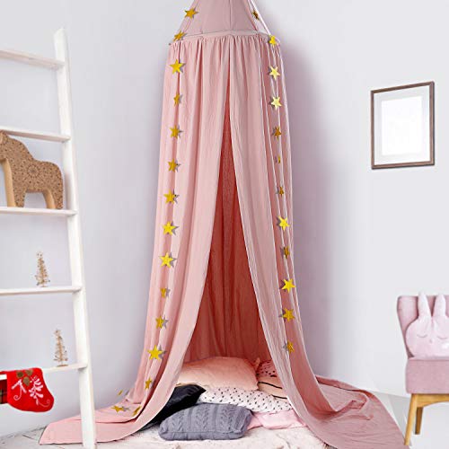 CeeKii Baby Baldachin, Betthimmel Kinder, Babys Bett Kinderzimmer Bettvorhang Baumwolle Deko Moskitonetz für Prinzessin Spielzelte Babybett & Schlafzimmer Dekoration mit Sternengirlande (Pink) von CeeKii