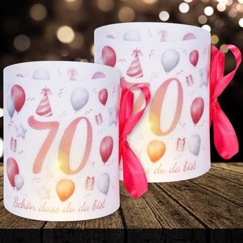 16 Windlichter Tischdeko Deko 70 Geburtstag Mann Frau 70 Geburtstag Tischdeko für Partys, Taufen, Kommunionen, Konfirmationen, Bar/Bat Mitzvahs Teelicht oder Kerzen Deko (Rosa mit Buntem Seil) von Cefoaie