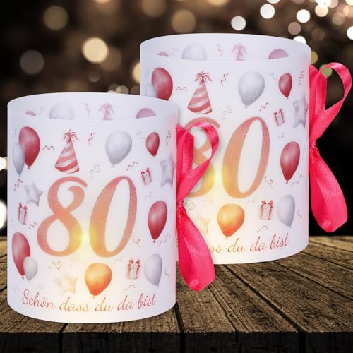 16 Windlichter Tischdeko Deko 80 Geburtstag Mann Frau 80 Geburtstag Tischdeko für Partys, Taufen, Kommunionen, Konfirmationen, Bar/Bat Mitzvahs Teelicht oder Kerzen Deko (Rosa mit Buntem Seil) von Cefoaie