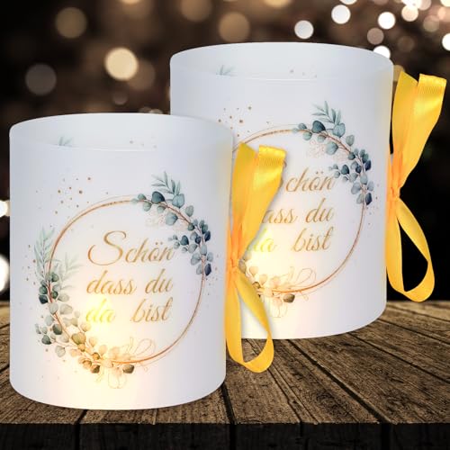 16 Windlichter Tischdeko Geburtstag, Hochzeit, Taufe, Kommunion, Schön DASS Du Da Bist Deko Party für Mann, Frau, Junge, Mädchen für Teelichter und Kerzendeko (mit farbigen Seilen) von Cefoaie