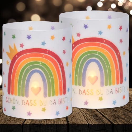 16 Windlichter Tischdeko Mädchen Geburtstag Tischdeko Regenbogen Deko Geburtstag Deko Schön DASS Du Da Bist, Teelicht und Kerzen Deko für Kindergeburtstag, Party von Cefoaie