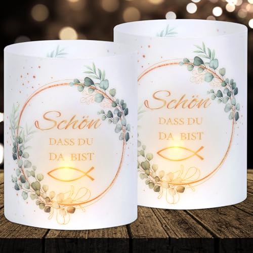 16 Windlichter Tischdeko Taufe Deko, Kommunion Deko, Eukalyptus Schön DASS Du Da Bist Deko, Konfirmation Deko für Teelichter und Kerzendeko von Cefoaie