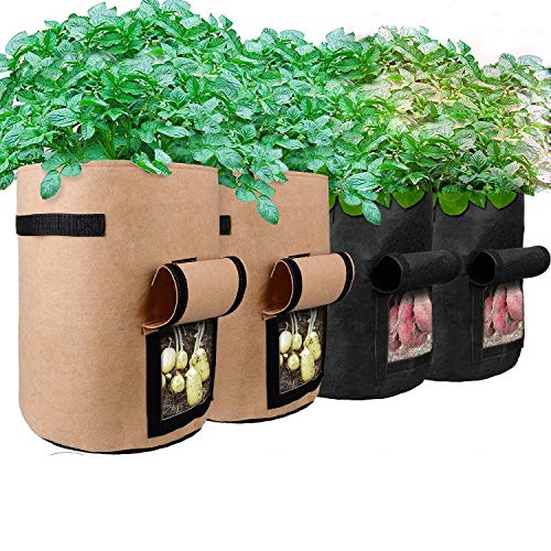 Cefrank 4er Kartoffel Pflanzsack Pflanzbeutel 10 Gallonen mit Griffen und Sichtfenster Klettverschluss - 30 x 40cm (2xSchwarz 2xBraun) von Cefrank