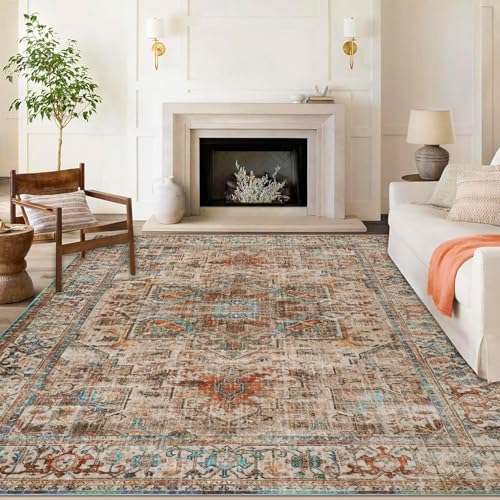 Cekene Große Teppiche Wohnzimmer 200x290cm Brown Vintage Teppich Schlafzimmer Maschinenwaschbar Bodenteppich Kurzflor Bodenteppich Niedriges Profil Matte für den Innenbereich Wohnzimmer Esszimmer Büro von Cekene